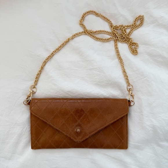CHANEL Brown Leather Matelasse Long Wallet on Chain Envelope Gold CC - Picture 1 of 14
